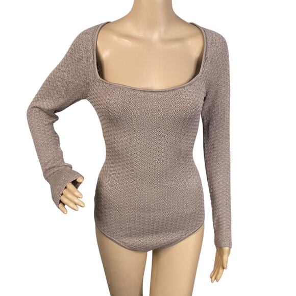 Abercrombie & Fitch Taupe Brown Pointelle Knit Square Neck Bodysuit Top SZ S - Picture 3 of 11